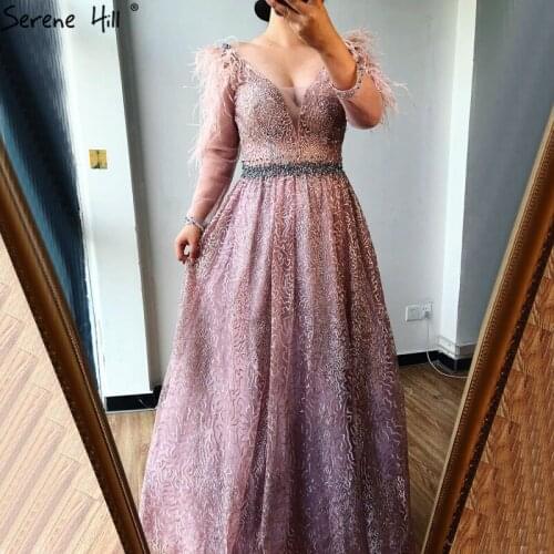 Pink Feathers A-Line Long Sleeves Evening Dresses 2020 V-Neck Feathers Crystal Sparkle Formal Dresses Evening Gown BLA70574