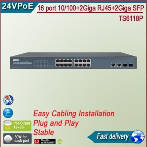 TS6118P 16 port 10/100+2Giga rj45+2Giga SFP 24v POE Switch