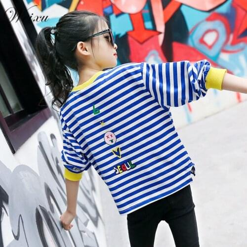 Weixu Childrens Spring Autumn T-shirt Kids Girl Long Sleeve Blue Striped Top Shirts Clothes for Teenage Girls 8 10 12 Years Old