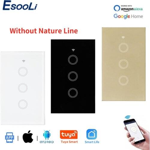 EsooLi US Standard Tuya APP Control Wifi Smart Automation Wall Touch Switch Wireless Glass Panel 3 Gang 1 Way Single Fire Line