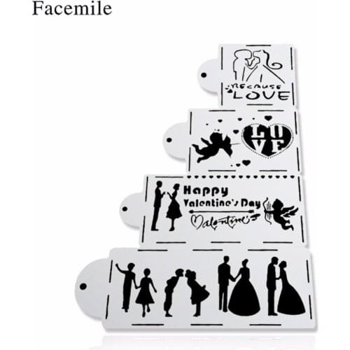 Facemile 4PCS Happy Valentines Day Fondant Decorating Love Cake Stencil Wedding Decoration Cupcake Template Mold Baking Tool