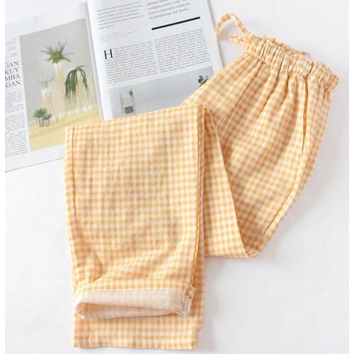 Summer/Autumn Couples Plaid Pants Women/Men Sleepwear Cotton Double Gauze Thin Sleep Bottoms Casual Womens Pajamas Home Clothes
