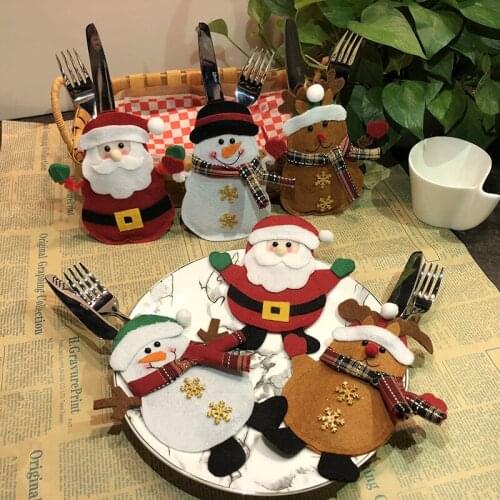 Cute Knife Fork Spoon Cover Santa Snowman Elk Utensil Pouch Christmas Decoration Tableware