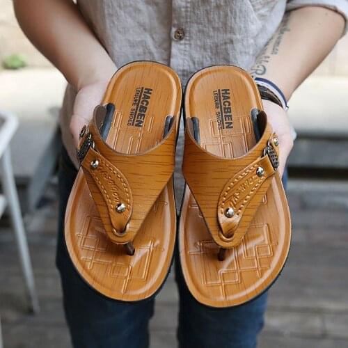 2021 Summer New Flat Slip on Leather Sandals Men Non-slip Slippers for Male Outdoor Comfortable Chic Sandy Beach Men Flip Flops