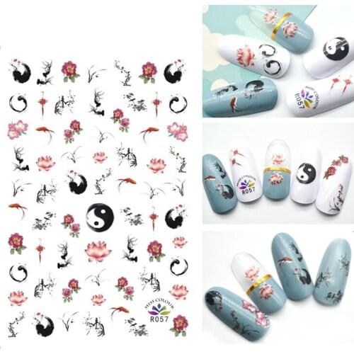3D Nail Sticker Autumn Fashion Small Compact Adhesive Stickers Lotus Fish Ink Flowers Stickers for Manicure Nail Art Decoration
