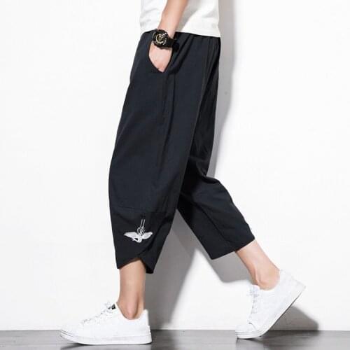 New Loose Elastic Trousers for Men Breathable Hip Hop Harajuku Japanese Chinese Crane Print Male Herem Jogger Pants Drawstring