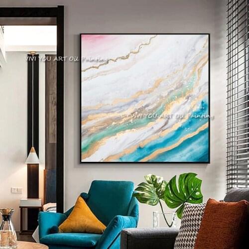 The Handmade Color Palette Blule Water Flow Gold Abstract Art Oil Painting On Canvas Modern Graph For Home Living Room Decor