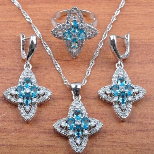 Star Women Jewelry Sky Blue Natural Zircon Silver Color Jewelry Set Earrings Necklace Pendant Rings Set JS0344