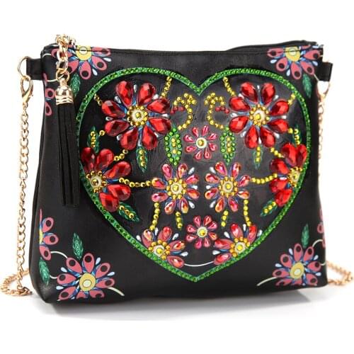 DIY Heart Flower Shape Diamond Painting Chain Shoulder Bag Leather Zipper Women Girlfriend Clutch Storage Bag Friend Gift