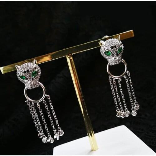 S925 Sterling Silver Studs New Fashion Green Eye Leopard Silver Earrings CZ Earrings With Chain Pendant Wedding Women Jewelry