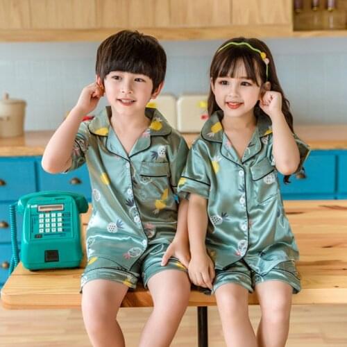 Silk Pajamas Set Children 3-14Y Kids Homewear Short Sleeve Cute Nightwear Pyjamas Satin Cartoon Boys Loungewear Girls Sleepwear
