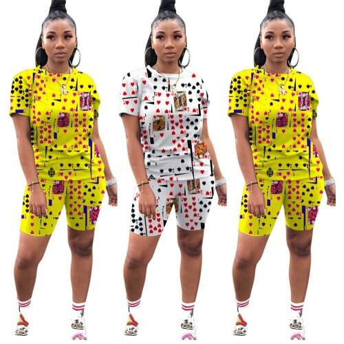 Sportswear Poker Card Print Womens Set Two Piece Set Short Sleeve Tee Tops Pants Suit Tracksuit Matching Set Casual Outfit S M