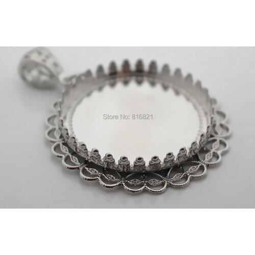 30mm Glass Cabochons Base Double Round Crown Bezel Filigree Flower Pendant Settings Blanks Findings Jewelry Making Rhodium tone