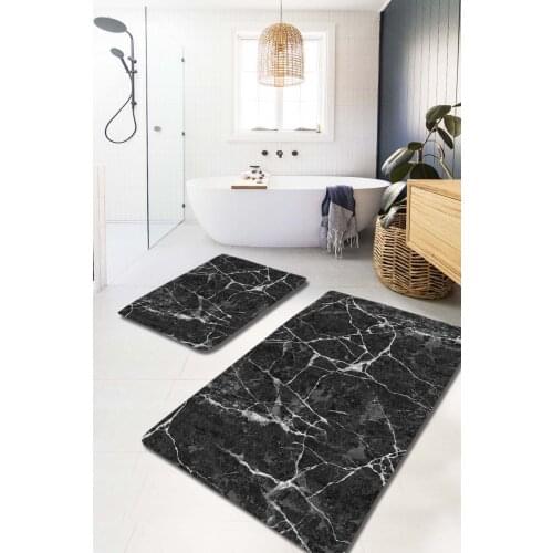 Dark Marble Black Marble Washable 2li Bath Mat Floor Mat Toilet Seat Pad Digital Print Cotton 2'li Figured