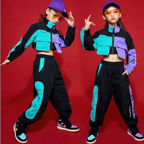 Kids Cool Hip Hop Clothing Zip Windbreaker Jacket Crop Top Streetwear Jogger Pants for Girls Concert Jazz Dance Costume Clothes