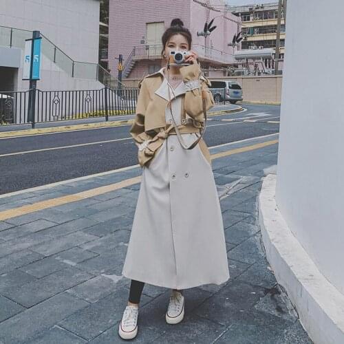 Womens Long Windbreaker 2021 Spring Autumn New Beige Stitching Korean Loose Lapel Double-Breasted Fashion Coat Female 69X
