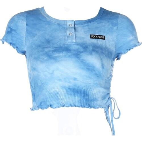 Fanco Women Summer T Shirt 2020 Fungus Edge Tie-dye Embroidery O Neck Female Letter Thread Drawstring Exposed Navel Top