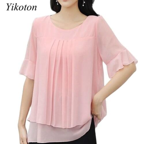 Summer Women Chiffon Blouses Fake Two Pieces Short Sleeve O-Neck Loose Plus Size 5XL Casual Lady Shirt Tunics Top Blusas Feminin