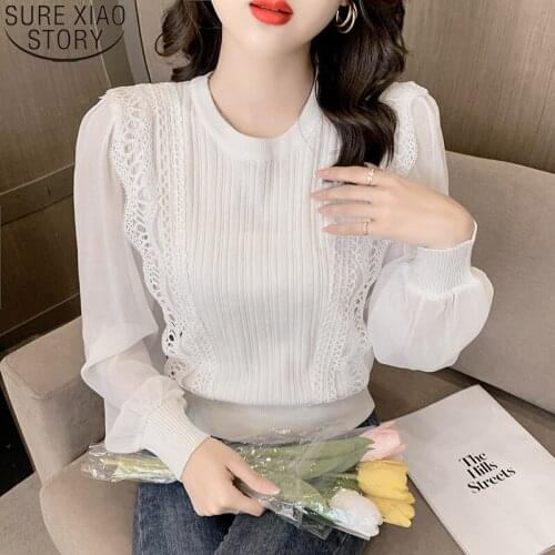 2021 Autumn New Blouse Lace Spliced Knit Tops Women Fashion Korean Shirt Puff Sleeve Round Collar Long Sleeve Clothes 16552