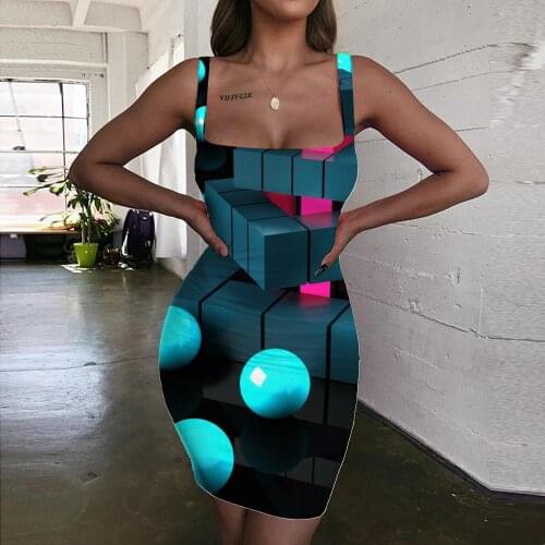 Giyu Brand Geometry Dress Women Pattern 3d Print Cool Halter Sleeveless Harajuku Bodycon Dress Womens Clothing Party Short