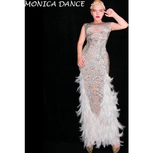 Sexy Silver Full Rhinestones Feather Dress Bar Birthday Celebrate Outfit Women Singer Dancer DS Dress Prom Show Dance Dress