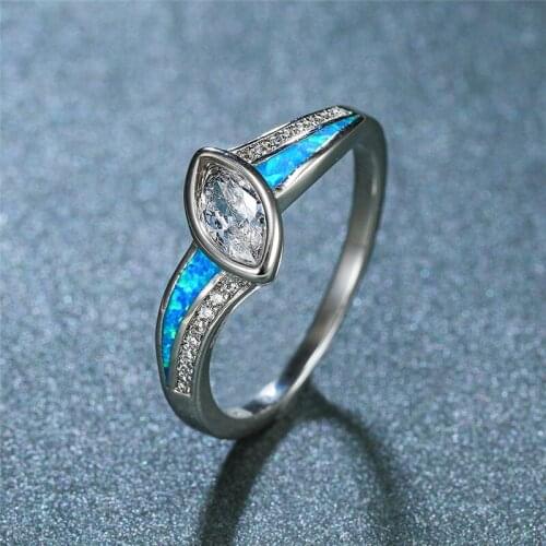 Female Luxury Blue Fire Opal Ring Geometric White Zircon Ring Rose Gold Silver Color Engagement Rings For Women Wedding Jewelry
