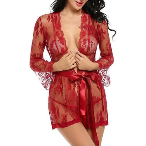 Women Sexy Lingerie See-through Mesh Sleepwear Lace Transparent Spring and Summer Robe Bathrobes Lingerie Sets