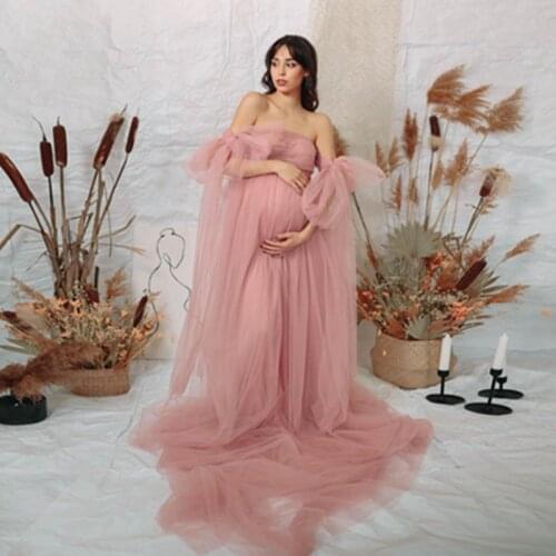 Dreamlike Blush Pink Soft Tulle Maternity Women Dresses To Photo-shoot Pretty Bow Cape Ruffles A-line Pregnancy Gowns Vestidos
