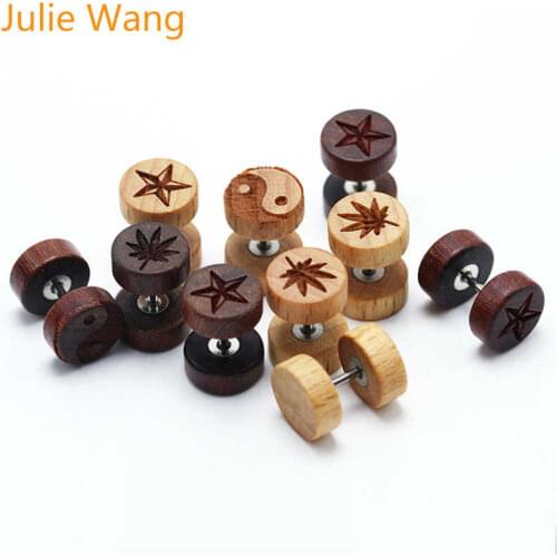 Julie Wang 1 Pair Natural Wood Stud Earrings Round Piercing Surgical Stainless Steel Women Men Punk Ear Plugs Jewelry