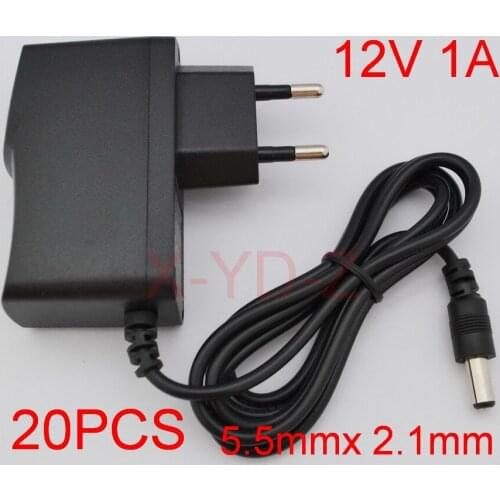 20PCS High quality 12V 1A AC 100V-240V Converter Switching power adapter DC 1000mA Supply EU Plug DC 5.5mm x 2.1mm