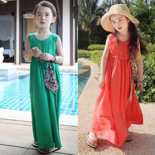 2020 Summer Kids Girls Long Style Beach Dresses Fashion Teen Girls Sleeveless Dresses Elegant Mother Kids Holiday Clothes, #8688