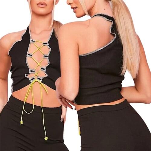 2021 Fashion Trend Womens Sexy Halter Crop Tops Sleeveless Open Front Hollow Out Lace Up Vest Summer Bandage Casual Tanks