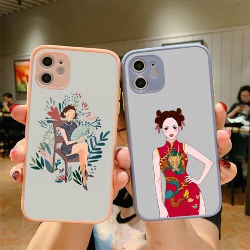 YNDFCNB Chinese Cheongsam Young Girl Phone Case for iPhone X XR XS 7 8 Plus 11 12 pro MAX Translucent Matte Shockproof Case