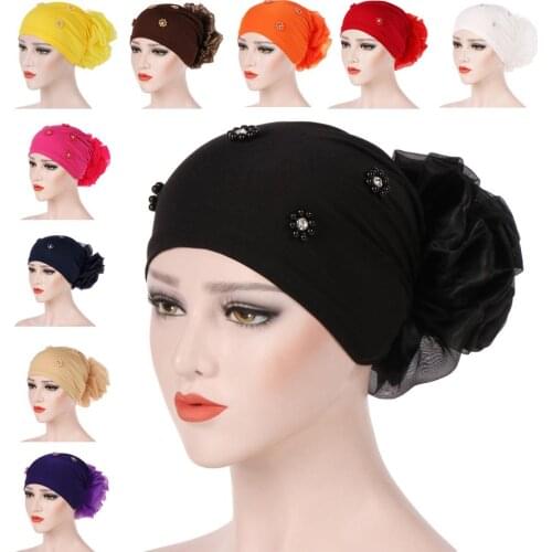 Women Flower Turban Beads Beanie Bonnet Skullies Muslim Cancer Chemo Cap Islamic Headscarf Hair Loss Cover Hat India Head Scarf