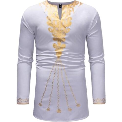 African White Print Dashiki T Shirt Men 2020 Autumn New Slim Fit Men African Clothes Streetwear Casual V Neck Tee Shirt Homme