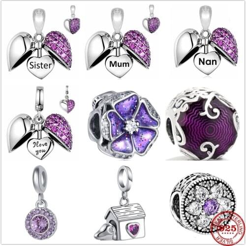 Hot Sale 100% Real 925 Sterling Silver Charm Purple Flower Fit Original Pandora Bracelet Making Fashion DIY Jewelry For Women