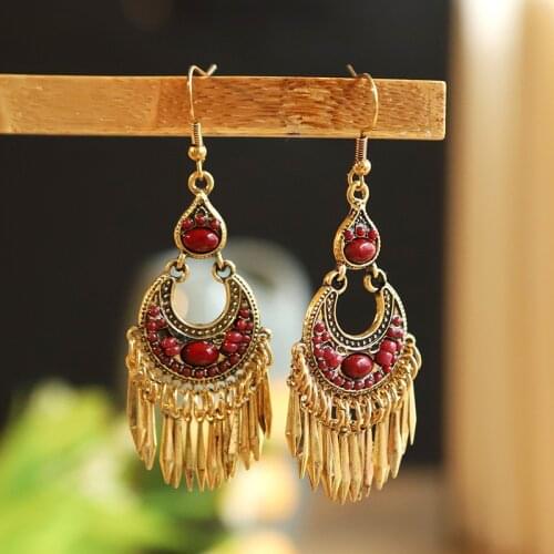 Classic Gold Tassel Water Drop Carved Dangle Earrings For Women Indian Jewelry Retro Stone Earrings Jhumka Earrings 2020