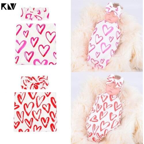 KLV 2Pcs Newborn Receiving Blanket Bow Headband Set Heart-shaped Baby Cotton Swaddle Wrap Hairband Kit Toddler Infant Supplies
