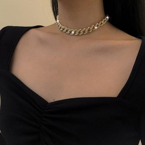 LOVOACC Personality Chunky Cuban Chain Necklace for Women Gold Color Metallic Shiny Rhinestone Wide Curb Link Chokers Necklaces