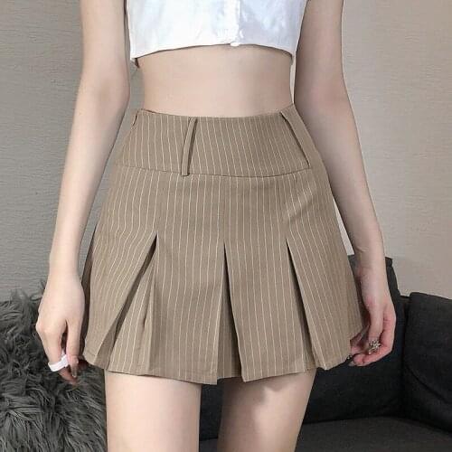 Fashion Women Skirt Casual Pleated Mini Skirt Fashion High Waist Striped Print Zipper Side A-Line Short Skirt Streetwear