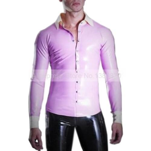 Male Rubber Latex Shirt Handmade Pink Color Man Sexy Top Shirt Supply Custom Made S-LSM050
