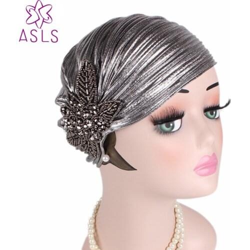 2018 Fashion Luxury Metallic Shinny Ruffle Turban Head Wrap Women Marriage Cap with beaded flower Soft Indian Cap Turbante Hat