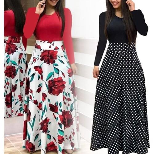 Newest Women Floral Long Sleeve Maxi Dress Ladies Casual Evening Party Dress Round Neck Long Sleeve