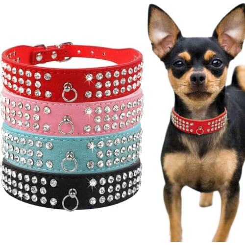 3 Rows Bling Diamond Rhinestone Suede Leather Pet Dog Collars For Small Medium Dogs XS S M L 4 Colors