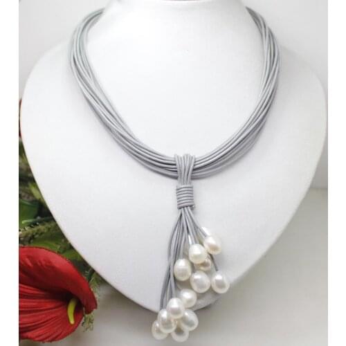 01-12mm Real White Freshwater Pearl Pendant Necklace Leather Cord Magnet Clasp Fashion Jewelry