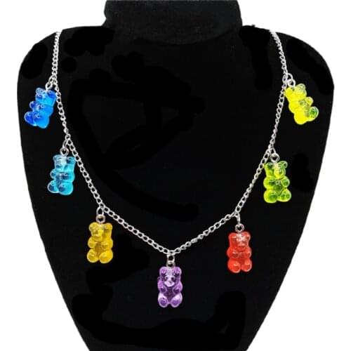 7 Colors Rainbow Cute Jelly Bear Gummy Necklaces for Women Girls Cool Punk Hip Hop Resin Pendant Choker Kids Accessories