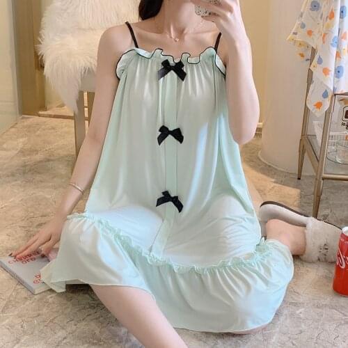 Sweet Ice Silk Sleepwear Women Nightgown Bow Summer Night Dress Loose Girls Nightwear Spaghetti Strap Casual Nightshirt 2XL