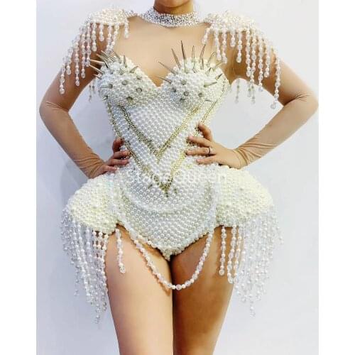 Super Sparkly RhinestoneJumpsuit Stretch Sexy White pearl Crystals Costume EveningTassel Celebrate Dress Wear Luxurious Outfit