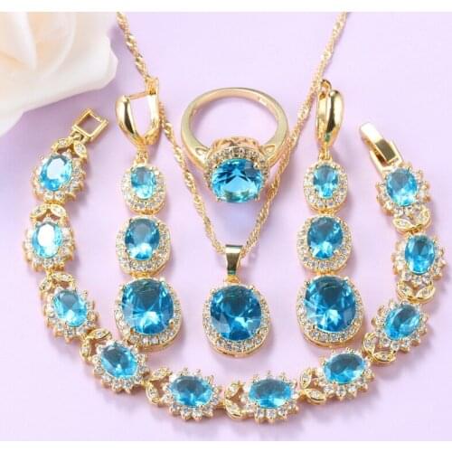 Wedding-Party Africa Women Jewelry Sets Gold Color Costume Sky Blue Cubic Zirconia Long Earrings Necklace Bracelet And Ring Set