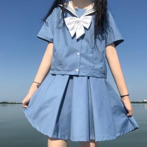Academic Style JK Uniform Sailor Collar Short-Sleeved Top High Waist Pleated Skirt Cute Sailor Suit Blue Suit, Female Summer
